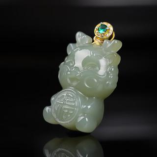 er23452 和田玉且末蓝镶嵌龙宝宝抱福吊坠
